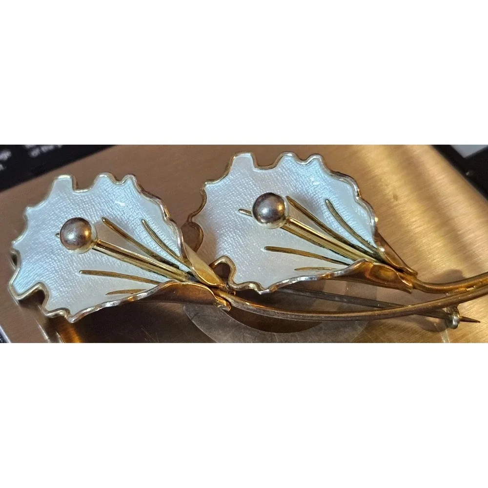 Aksel Holmsen Norway Sterling Mid-Century Vermeil Enamel Double Orchid Brooch